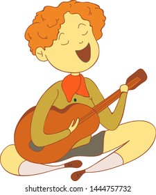 Red-haired boy in a scout clothes sings. Vector illustration on white background.