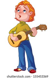 The red-haired boy sings and plays guitar. Vector illustration on white background.