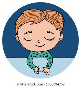 The red-haired boy sleeps in his crib. Blue pajamas. Vector. Hand drawn. Delicate colors. Isolated on white background. Round badge.