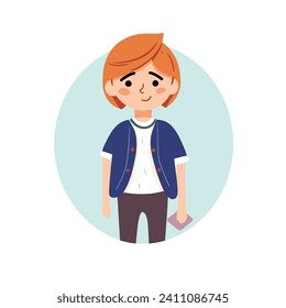 A red-haired boy with a smile stands still in a blue jacket in this cute vector illustration.