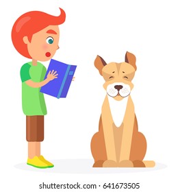 Red-haired boy stands and reads blue book to jack russell terrier vector illustration flat design on white background closeup.