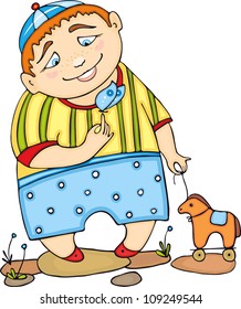 Red-haired boy in striped clothes with a toy horse and  butterfly