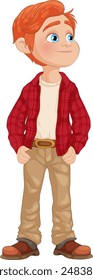 Red-haired boy wearing a red plaid shirt