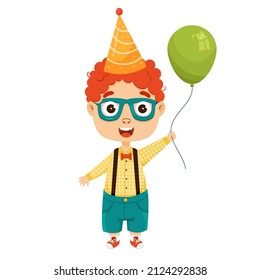 A red-haired cartoon boy with glasses and a hat hold a balloon in his hand. Vector character for a party.