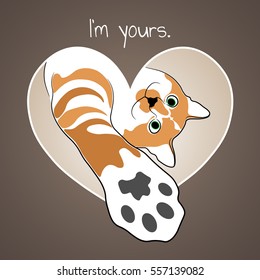 Red-haired cat in brown heart. Valentine card.