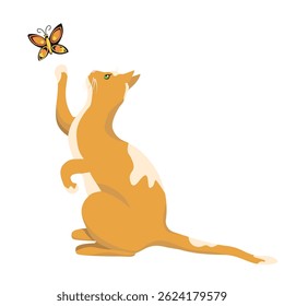 A red-haired cat catches a butterfly with its paw, isolated on a white background.Vector illustration of a pet.
