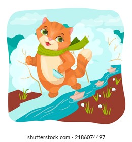 A red-haired cat in a green scarf with a paper boat. Spring entertainment. Pet. Kitten. Vector illustration.