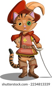 A red-haired cat in leather boots, a red jumpsuit and a burgundy hat with a metal sword on a white background