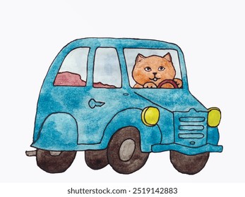 Un gato pelirrojo viaja en un coche azul