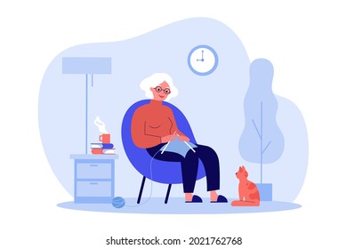 Red-haired cat watching how grandmother knitting. Flat vector illustration. Elderly woman resting in armchair and knitting clothes from yarn at home. Comfort, pet, knitting, hobbies, old age concept