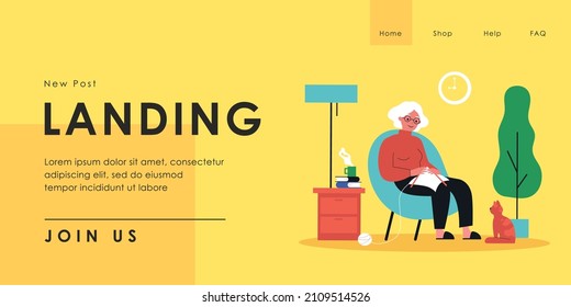 Red-haired cat watching how grandmother knitting. Flat vector illustration. Elderly woman resting in armchair and knitting clothes from yarn at home. Comfort, pet, knitting, hobbies, old age concept