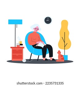 Red-haired cat watching how grandmother knitting. Flat vector illustration. Elderly woman resting in armchair and knitting clothes from yarn at home. Comfort, pet, knitting