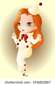 red-haired chibi girl in a clown costume