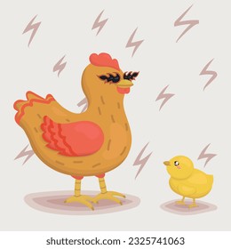 A red-haired chick in sunglasses in the shape of lights. Cool chick. A yellow chick who admires a cool chick. Easter characters. Easter holiday. Poultry character. Beige background with zippers.Vector