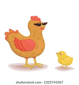 A red-haired chick in sunglasses in the shape of lights. Cool chick. A yellow chick who admires a cool chick. Easter characters. Easter holiday. Poultry character. White background.Vector illustration