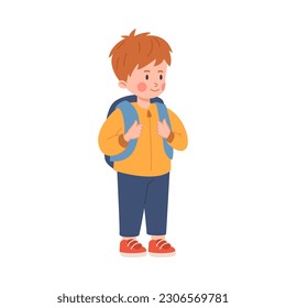 Red-haired child boy standing with backpack flat style, vector illustration isolated on white background. Smiling schooler kid, education and learning, design element