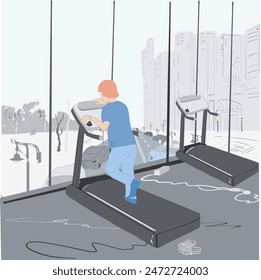 A red-haired child wearing only socks stands on a treadmill. Outside the panoramic window you can see the road, cars, houses, trees.