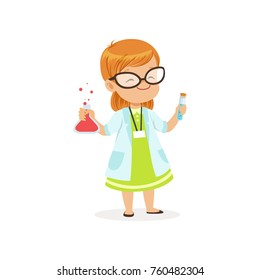 Red-haired Child In White Coat Holding Test Tubes In Hands. Scientist Costume For Career Day In Kindergarten. Flat Kid Character