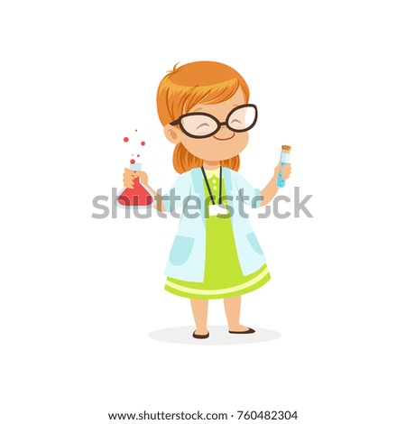 Red-haired child in white coat holding test tubes in hands. Scientist costume for career day in kindergarten. Flat kid character