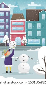 Red-haired child in winter clothes sculpts a snowman. Winter entertainment. Winter cityscape with the European houses and the snow. Flat vector illustration.