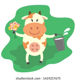 Red-haired cow with flowers and a bucket of milk on a green background. Vector illustration