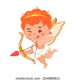 Red-haired Cupid with bow and arrow. Cherub boy with diadem on white background. Vector illustration for valentine's day.