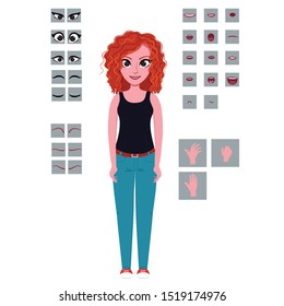 red-haired curly girl in a t-shirt and jeans. parts of the body are divided for animation, there are also different options for facial expressions and palm poses for different emotions.