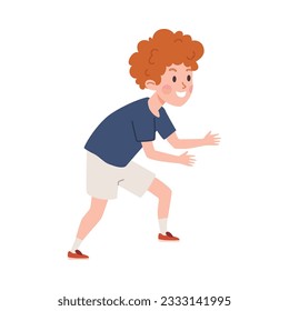 Red-haired curly kid boy standing in waiting pose flat style, vector illustration isolated on white background. Decorative design element, fun game, happy smiling character