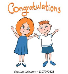 Red-haired curly-haired girl and boy with raised hands on a white background with the inscription Congratulations. Vector