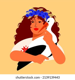 The red-haired curly-haired girl is a Slavonian. a beautiful Belarusian woman holds a stork. Avatar, portrait of a beautiful girl.Vector illustration in a flat style
