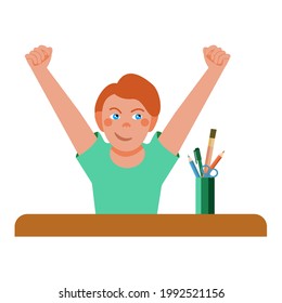 red-haired cute boy sits at a desk in school and pulls with both hands. excellent student wants to answer the lesson. Vector illustration in flat cartoon style isolated on white background