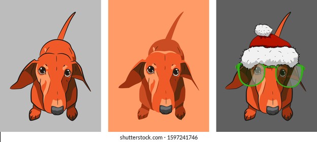 A red-haired dachshund sits on the floor and looks at us. Realistic drawing of a dog. Red-haired dog with a contour, without a contour and wearing a Santa Claus hat and sunglasses. Easy to edit.