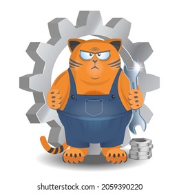 Red-haired Displeased Serious Fat Cat In Working Overalls With A Wrench On The Background Of A Large 3D Gear And Nuts. Funny Technical Support Icon