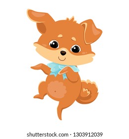 Red-haired dog with a blue bow around his neck rejoices and dances on his hind legs. Color image of a pet. Vector illustration for design, print on t-shirt, bag, notebook, card.