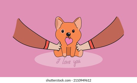 A red-haired dog with a heart in his teeth, sitting on hands