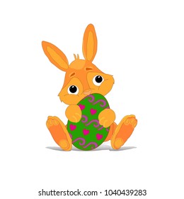 Red-haired easter bunny sitting and holding a painted egg, cartoon on a white background, vector
