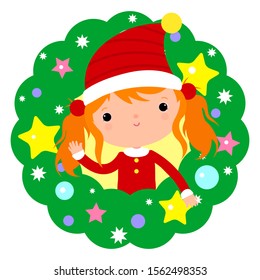Red-haired elf girl. Santa's helper. Christmas little elf. Happy new year card.
