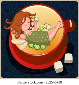 Red-haired fairy in the dress circle lies in the red cup with lime. There are two pieces of sugar next to the cup.