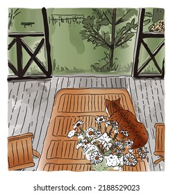 A red-haired fat cat sits on a wooden table on the veranda in the garden in summer. Watercolor painting, sketch. Vector illustration.
