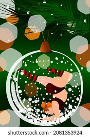 A red-haired fat girl in a swimsuit and striped leggings is doing yoga.A glass ball with snow, a glowing garland.Christmas evening,tiger's New Year's eve.Christmas tree toys on Christmas tree branches