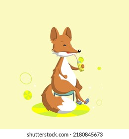 A red-haired fox is sitting on a chair and holding a glass of cocktail with lemon.