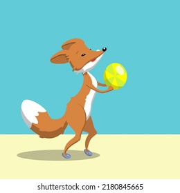 A red-haired fox is standing with a yellow-green striped inflatable ball on a yellow-backed background.