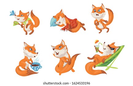 Red-haired foxes with blue eyes doing everyday things vector illustration