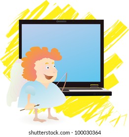 Red-haired funny angel near notebook