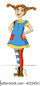 Red-haired funny little girl. Pippi Longstocking. A teenage girl, vector illustration.