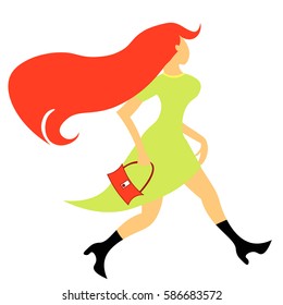 red-haired girl with bag goes vector illustration