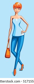 Red-haired girl with a bag in her hand. Cartoon. Flat.
