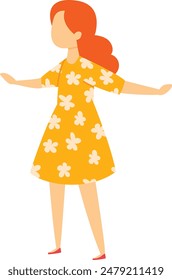 Redhaired girl balancing animated. Young female, orange floral dress, red shoes, summer fashion. Playful child, cartoon character, joyful posture, isolated white background