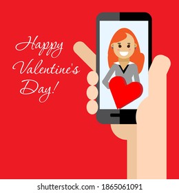 Red-haired girl with a big heart on the smartphone screen. Valentine's day. Holiday card, poster, sticker. Vector illustration