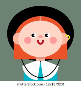 A red-haired girl in a black hat. Dressed in a dress with a white collar. Cute comic character. Abstract cartoon style, vector illustration, isolate. International Women's Day, March 8. A feminist. 